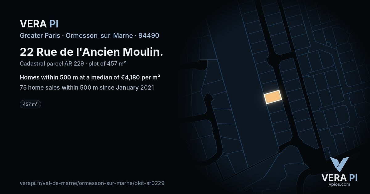 22 Rue de l'Ancien Moulin, Ormesson-sur-Marne at night – the plot lit, the parcels around coloured by the prices near them