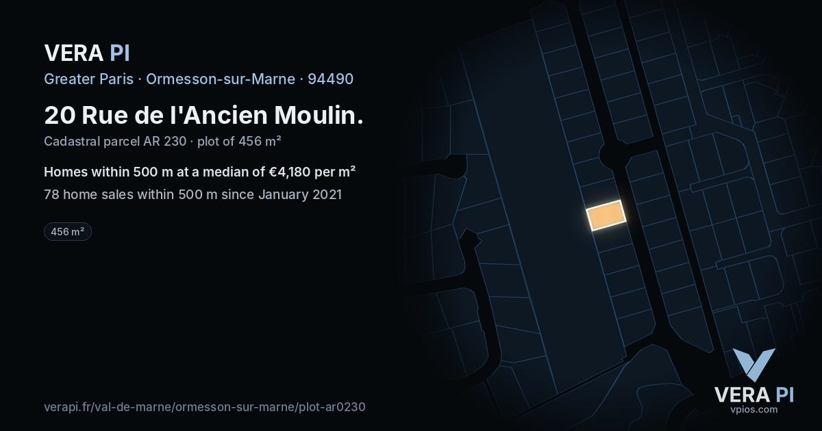20 Rue de l'Ancien Moulin, Ormesson-sur-Marne at night – the plot lit, the parcels around coloured by the prices near them