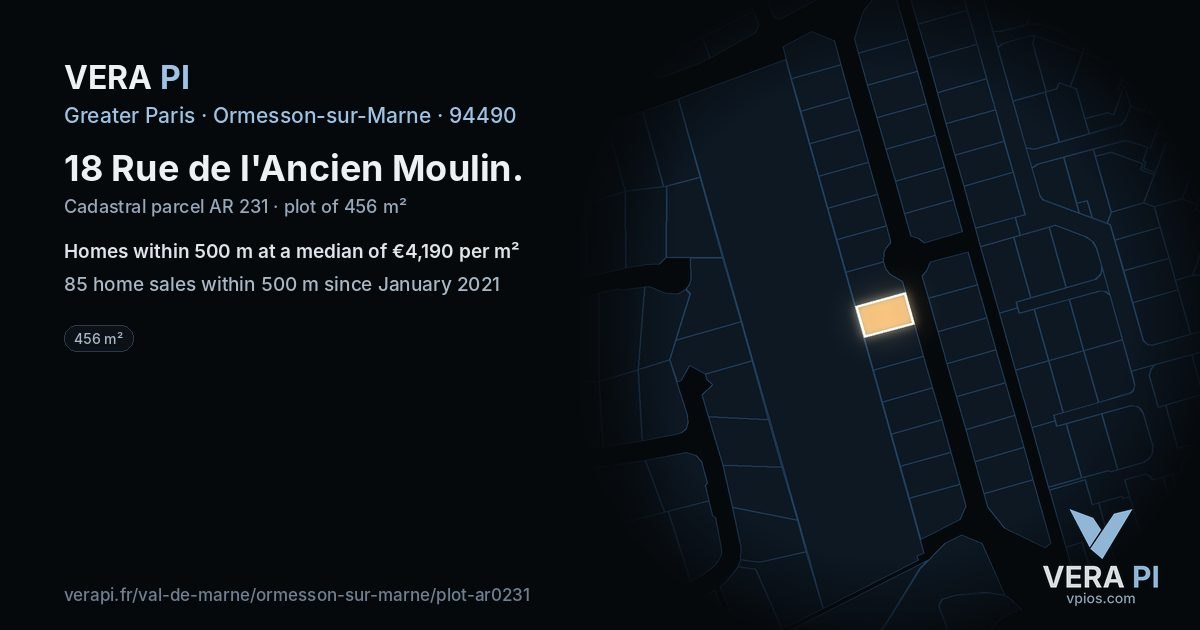 18 Rue de l'Ancien Moulin, Ormesson-sur-Marne at night – the plot lit, the parcels around coloured by the prices near them