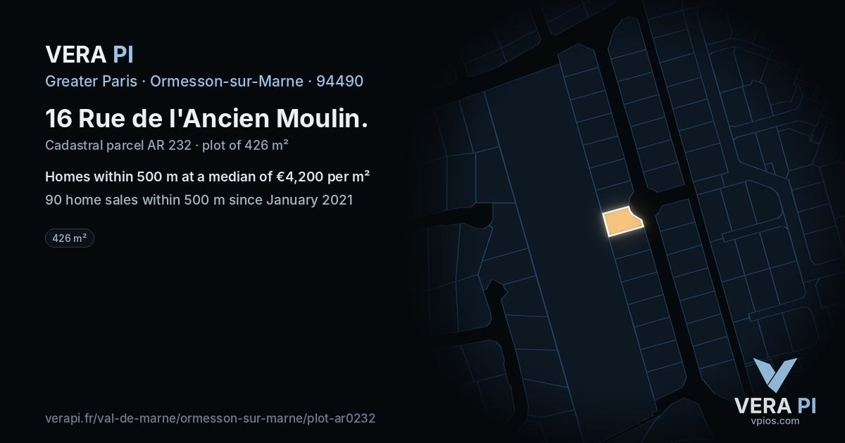 16 Rue de l'Ancien Moulin, Ormesson-sur-Marne at night – the plot lit, the parcels around coloured by the prices near them