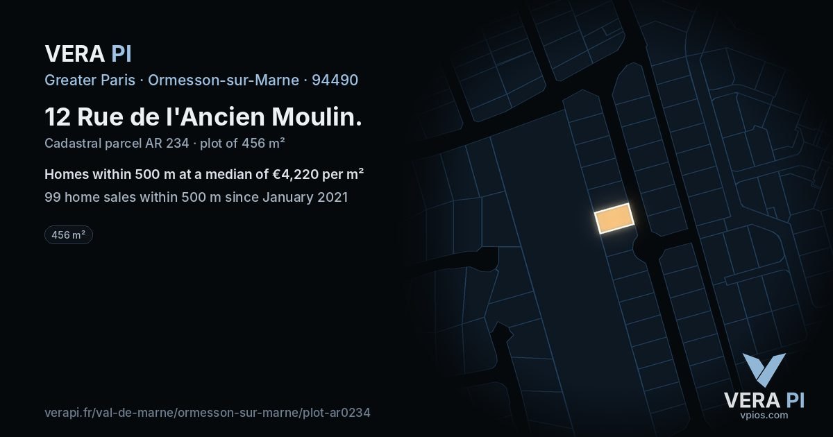 12 Rue de l'Ancien Moulin, Ormesson-sur-Marne at night – the plot lit, the parcels around coloured by the prices near them