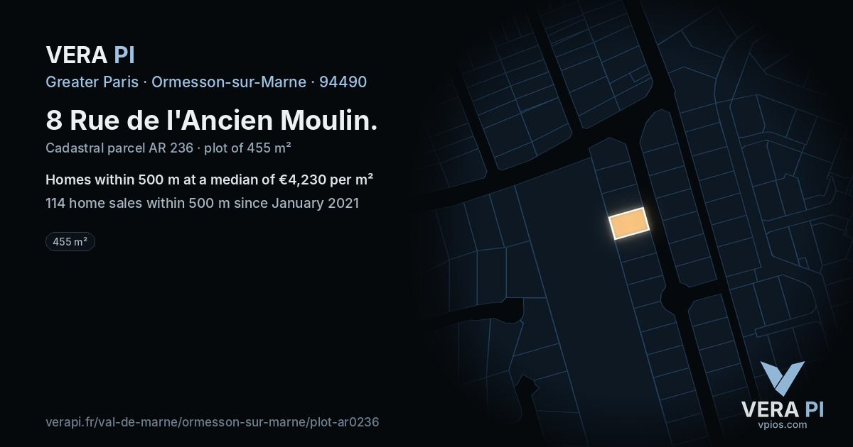 8 Rue de l'Ancien Moulin, Ormesson-sur-Marne at night – the plot lit, the parcels around coloured by the prices near them