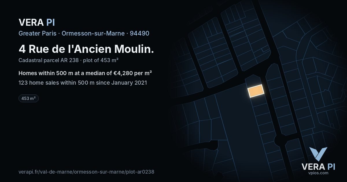 4 Rue de l'Ancien Moulin, Ormesson-sur-Marne at night – the plot lit, the parcels around coloured by the prices near them