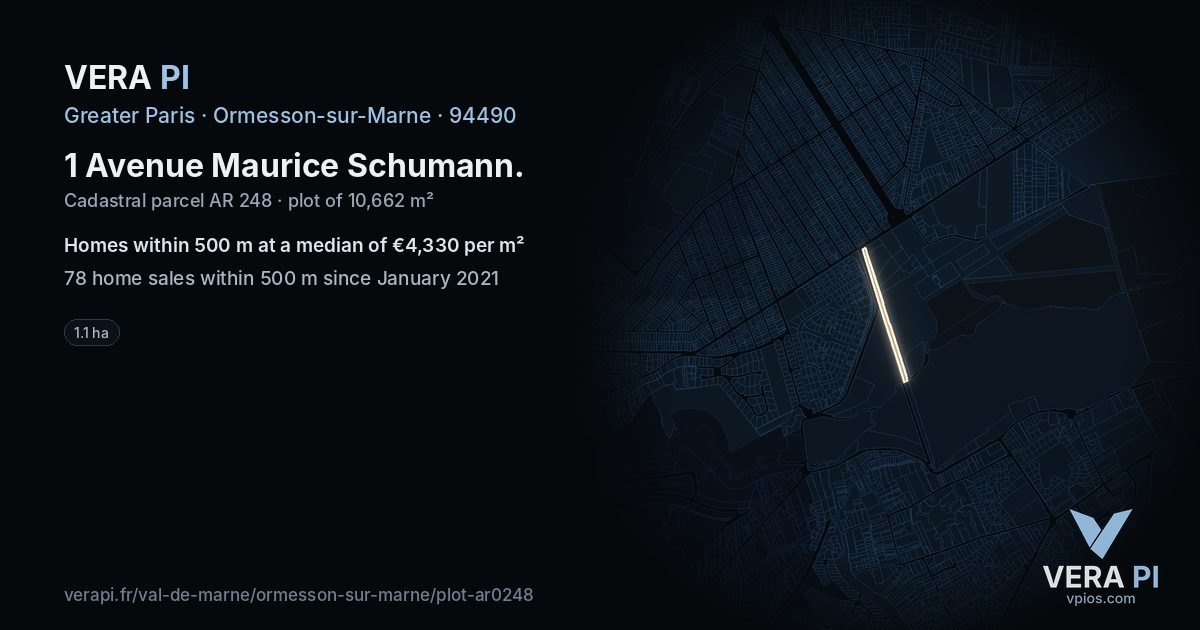 1 Avenue Maurice Schumann, Ormesson-sur-Marne at night – the plot lit, the parcels around coloured by the prices near them