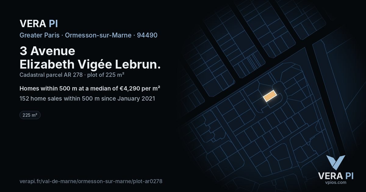 3 Avenue Elizabeth Vigée Lebrun, Ormesson-sur-Marne at night – the plot lit, the parcels around coloured by the prices near them