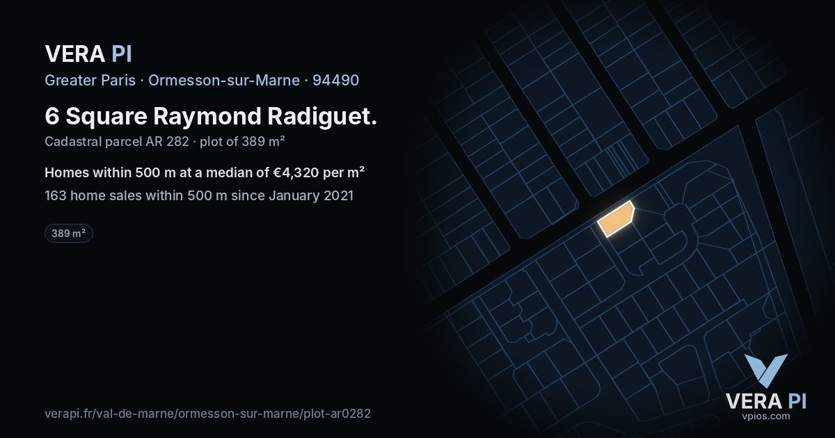 6 Square Raymond Radiguet, Ormesson-sur-Marne at night – the plot lit, the parcels around coloured by the prices near them