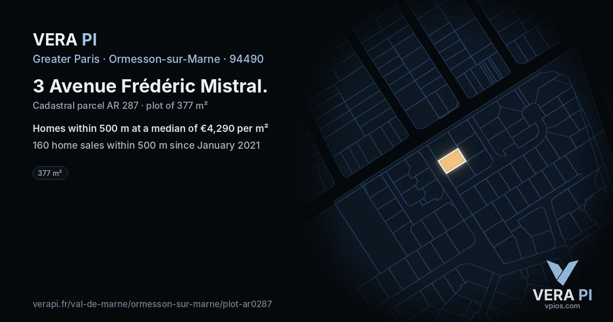 3 Avenue Frédéric Mistral, Ormesson-sur-Marne at night – the plot lit, the parcels around coloured by the prices near them