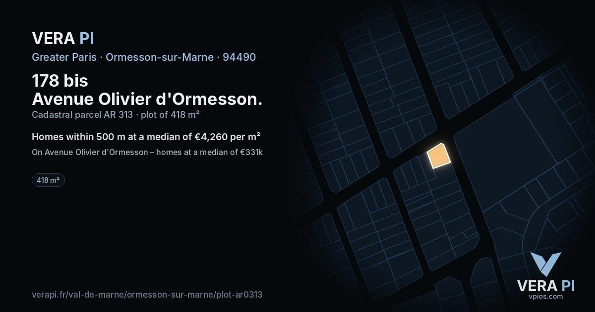178 bis Avenue Olivier d'Ormesson, Ormesson-sur-Marne at night – the plot lit, the parcels around coloured by the prices near them