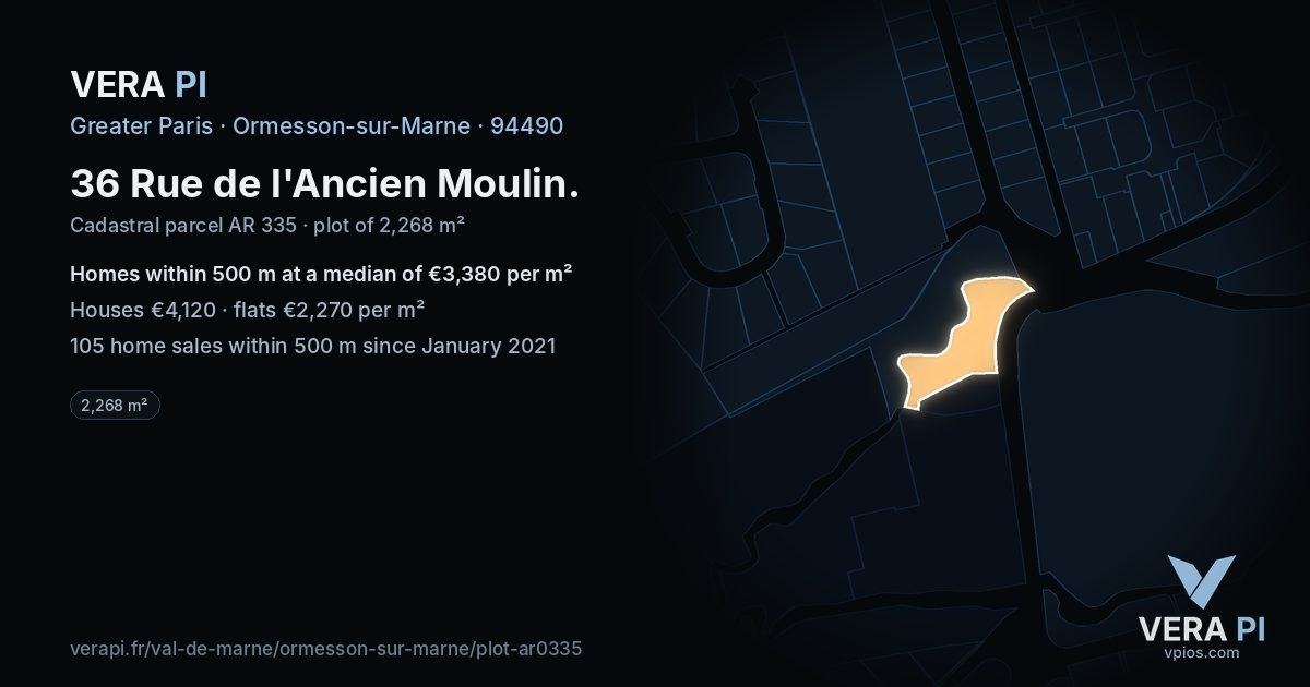 36 Rue de l'Ancien Moulin, Ormesson-sur-Marne at night – the plot lit, the parcels around coloured by the prices near them