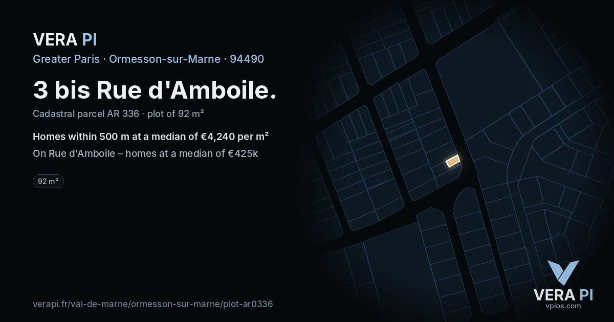 3 bis Rue d'Amboile, Ormesson-sur-Marne at night – the plot lit, the parcels around coloured by the prices near them