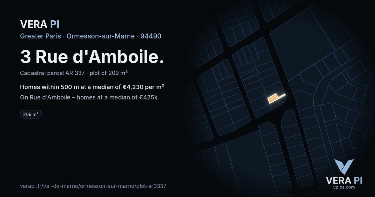 3 Rue d'Amboile, Ormesson-sur-Marne at night – the plot lit, the parcels around coloured by the prices near them
