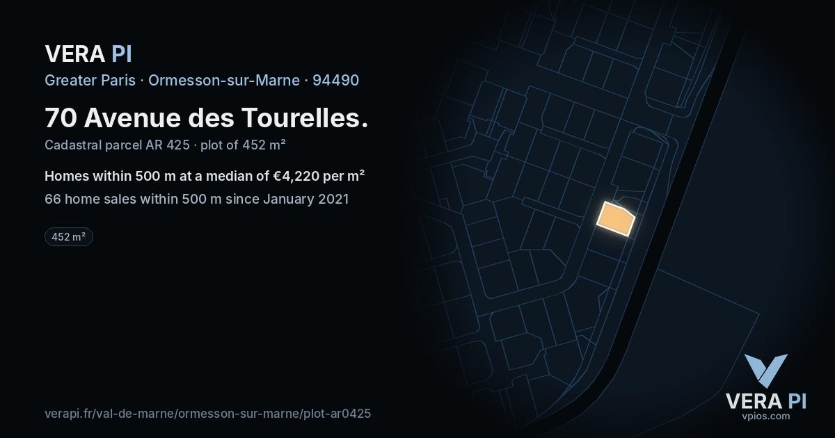 70 Avenue des Tourelles, Ormesson-sur-Marne at night – the plot lit, the parcels around coloured by the prices near them