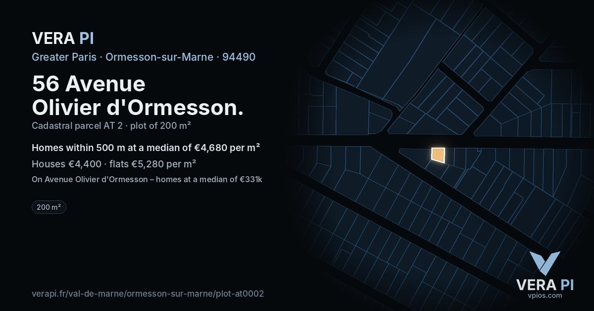 56 Avenue Olivier d'Ormesson, Ormesson-sur-Marne at night – the plot lit, the parcels around coloured by the prices near them