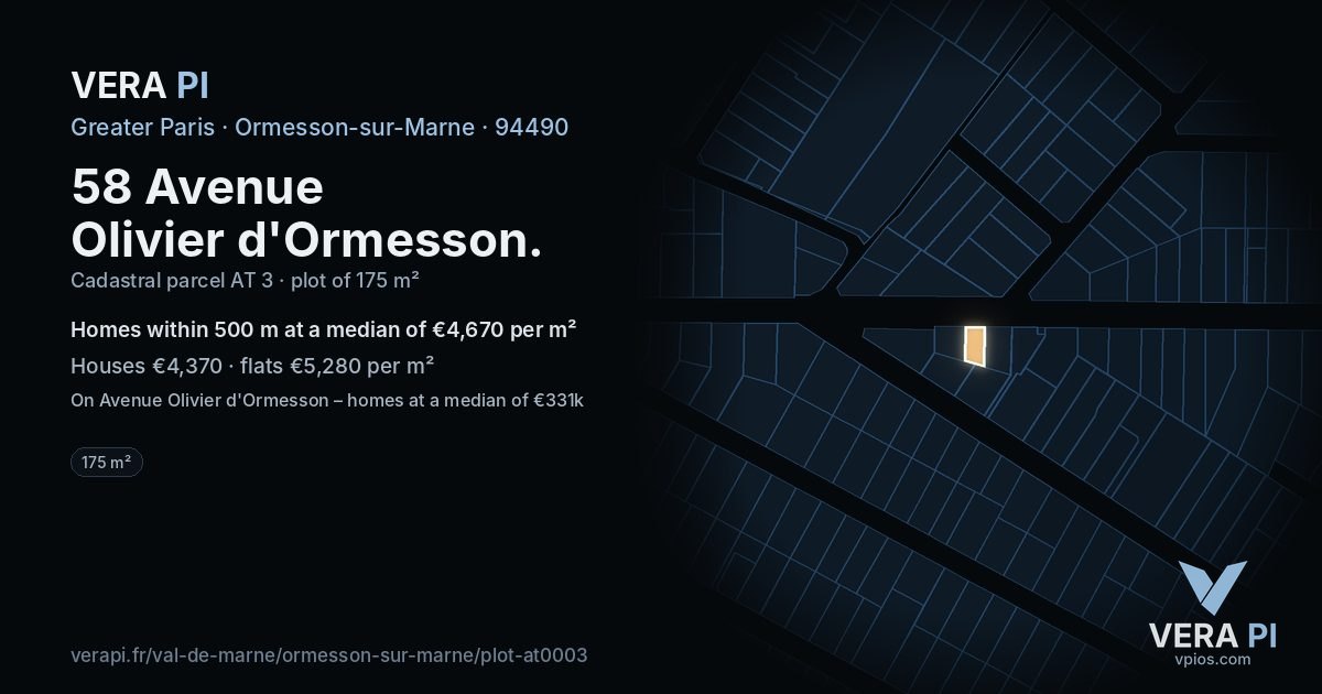 58 Avenue Olivier d'Ormesson, Ormesson-sur-Marne at night – the plot lit, the parcels around coloured by the prices near them