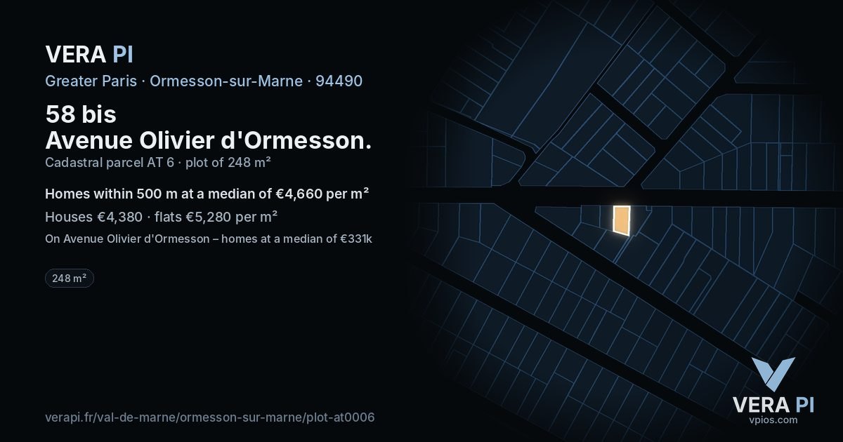 58 bis Avenue Olivier d'Ormesson, Ormesson-sur-Marne at night – the plot lit, the parcels around coloured by the prices near them