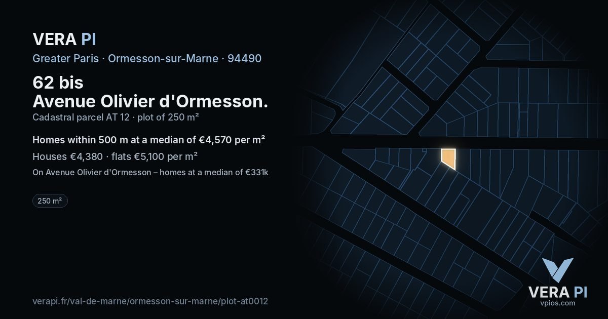 62 bis Avenue Olivier d'Ormesson, Ormesson-sur-Marne at night – the plot lit, the parcels around coloured by the prices near them