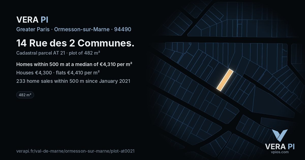 14 Rue des 2 Communes, Ormesson-sur-Marne at night – the plot lit, the parcels around coloured by the prices near them