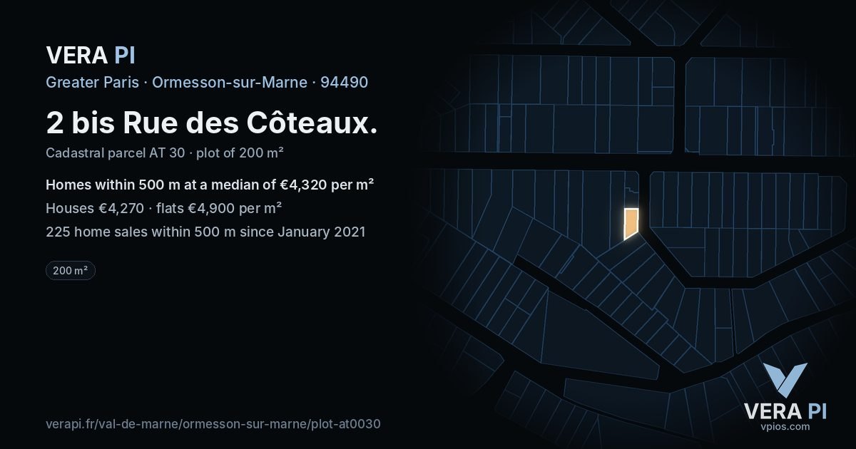2 bis Rue des Côteaux, Ormesson-sur-Marne at night – the plot lit, the parcels around coloured by the prices near them
