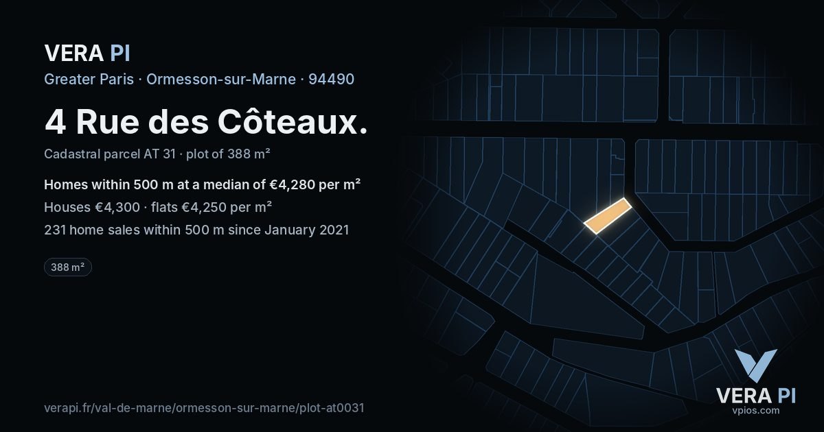 4 Rue des Côteaux, Ormesson-sur-Marne at night – the plot lit, the parcels around coloured by the prices near them