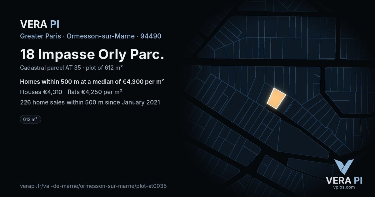 18 Impasse Orly Parc, Ormesson-sur-Marne at night – the plot lit, the parcels around coloured by the prices near them