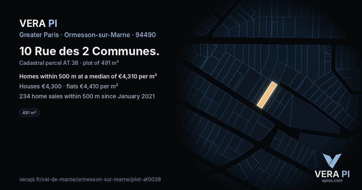 10 Rue des 2 Communes, Ormesson-sur-Marne at night – the plot lit, the parcels around coloured by the prices near them