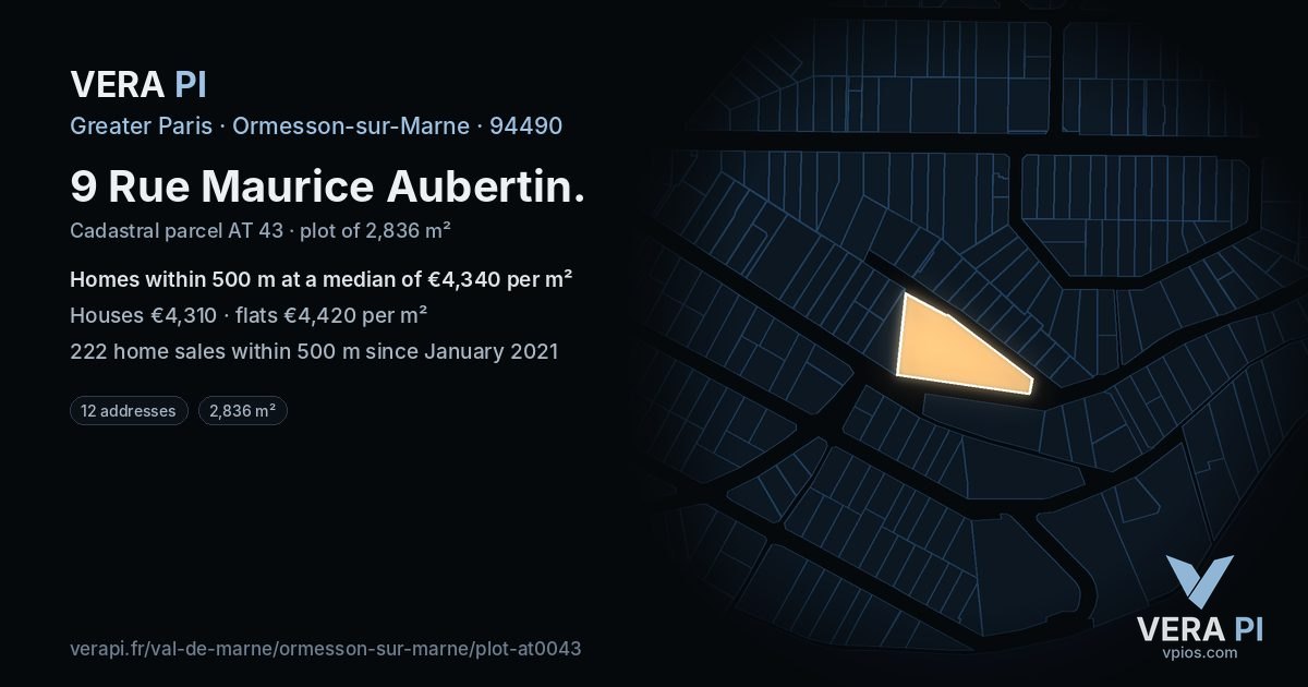 9 Rue Maurice Aubertin, Ormesson-sur-Marne at night – the plot lit, the parcels around coloured by the prices near them