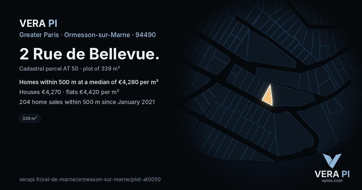 2 Rue de Bellevue, Ormesson-sur-Marne at night – the plot lit, the parcels around coloured by the prices near them