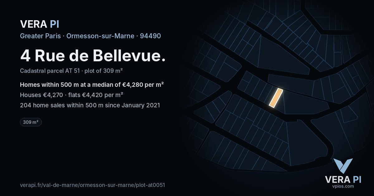 4 Rue de Bellevue, Ormesson-sur-Marne at night – the plot lit, the parcels around coloured by the prices near them