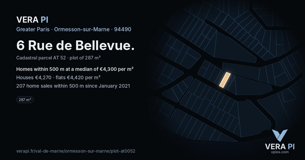6 Rue de Bellevue, Ormesson-sur-Marne at night – the plot lit, the parcels around coloured by the prices near them