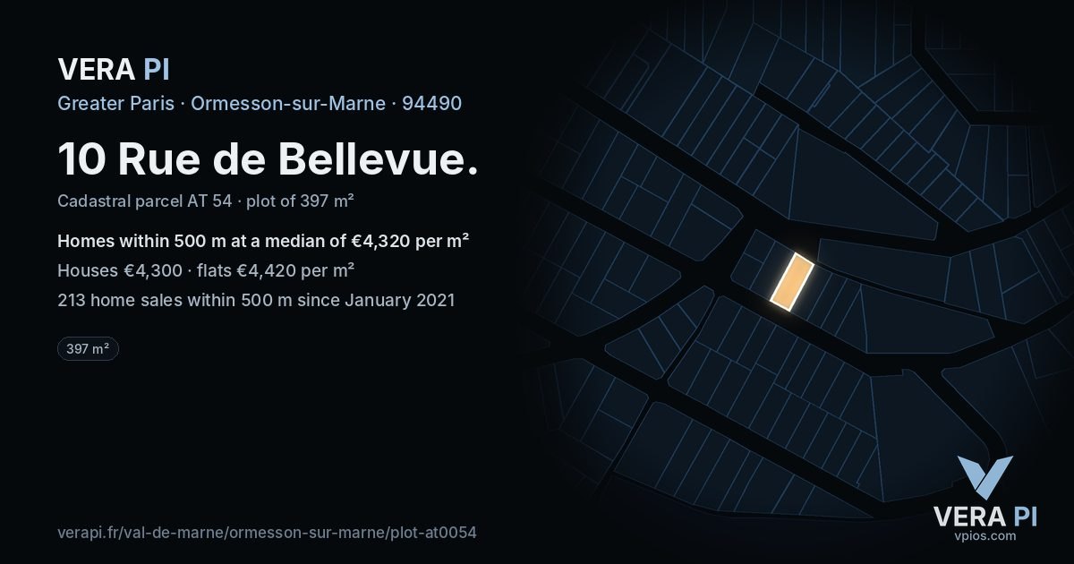 10 Rue de Bellevue, Ormesson-sur-Marne at night – the plot lit, the parcels around coloured by the prices near them