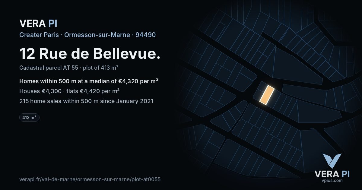 12 Rue de Bellevue, Ormesson-sur-Marne at night – the plot lit, the parcels around coloured by the prices near them