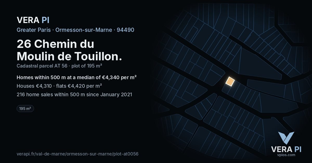 26 Chemin du Moulin de Touillon, Ormesson-sur-Marne at night – the plot lit, the parcels around coloured by the prices near them
