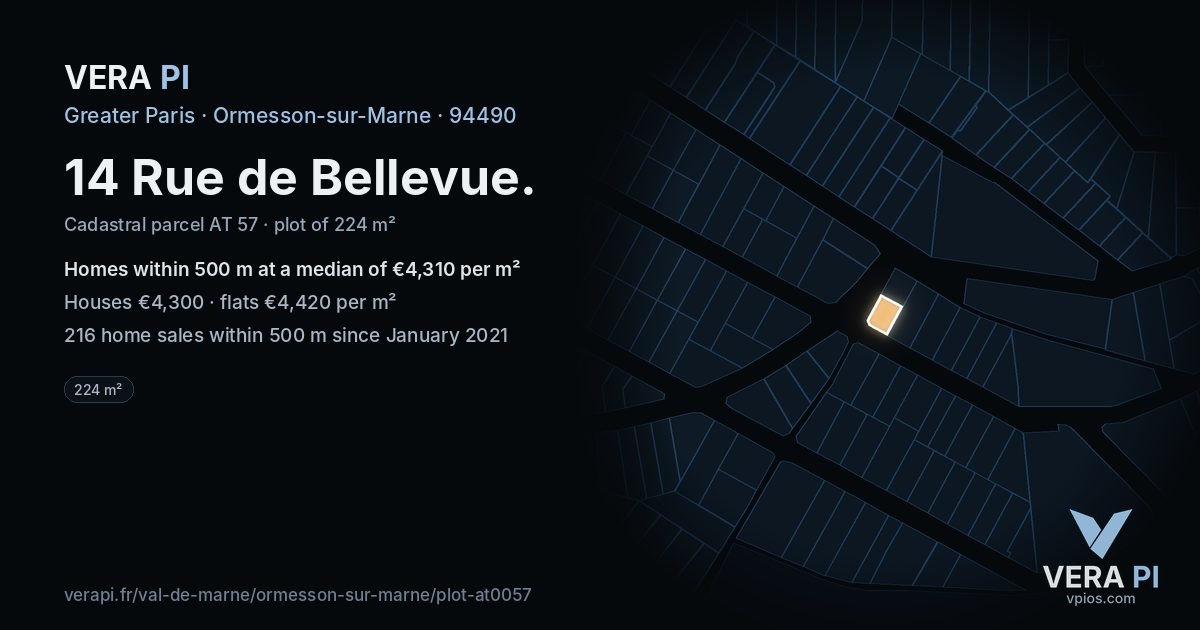 14 Rue de Bellevue, Ormesson-sur-Marne at night – the plot lit, the parcels around coloured by the prices near them