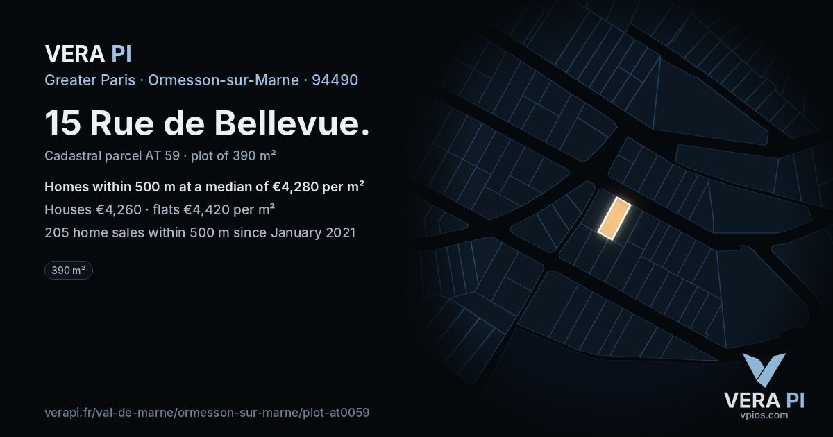 15 Rue de Bellevue, Ormesson-sur-Marne at night – the plot lit, the parcels around coloured by the prices near them