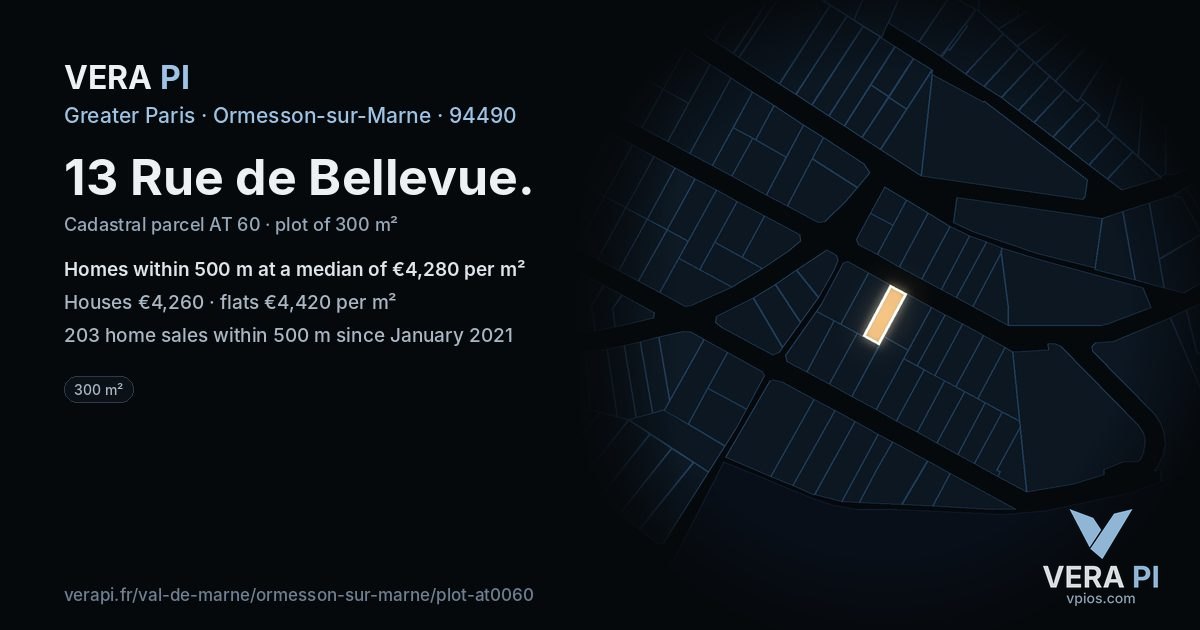 13 Rue de Bellevue, Ormesson-sur-Marne at night – the plot lit, the parcels around coloured by the prices near them