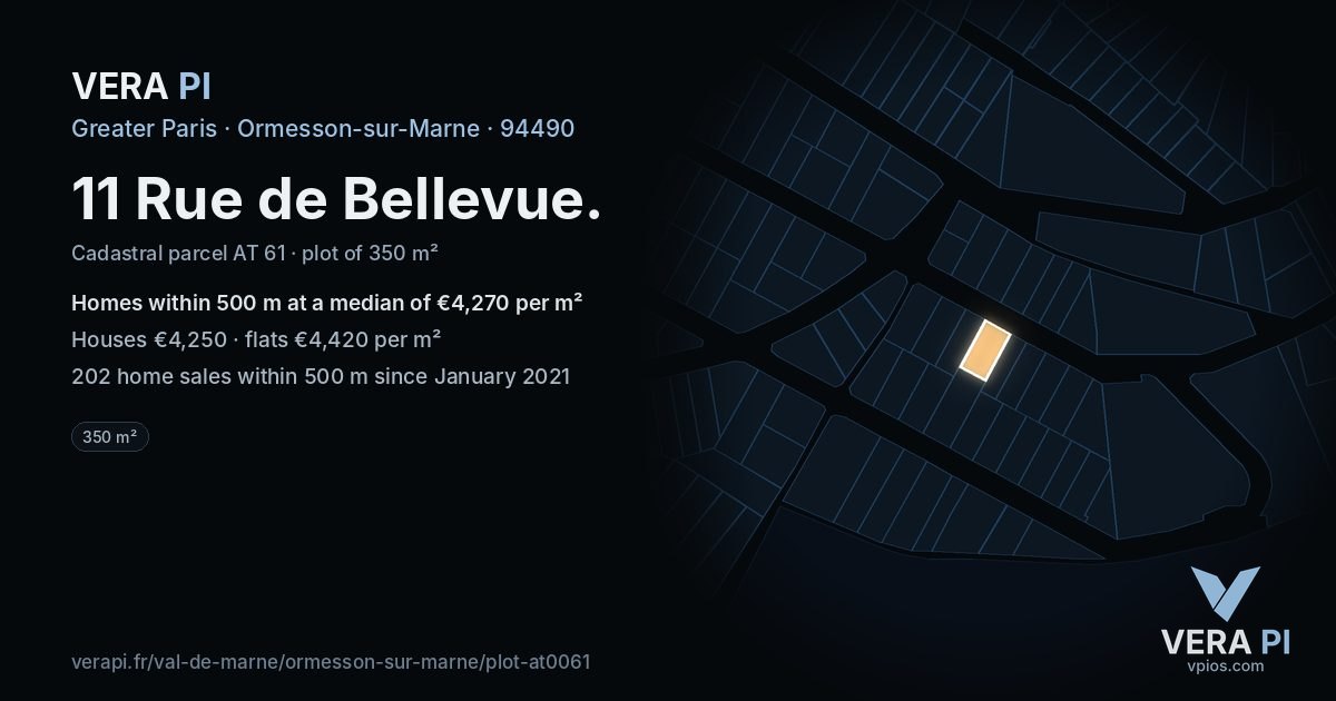 11 Rue de Bellevue, Ormesson-sur-Marne at night – the plot lit, the parcels around coloured by the prices near them