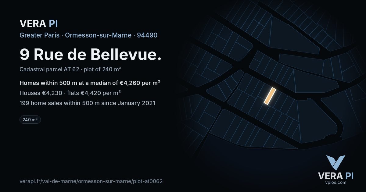 9 Rue de Bellevue, Ormesson-sur-Marne at night – the plot lit, the parcels around coloured by the prices near them