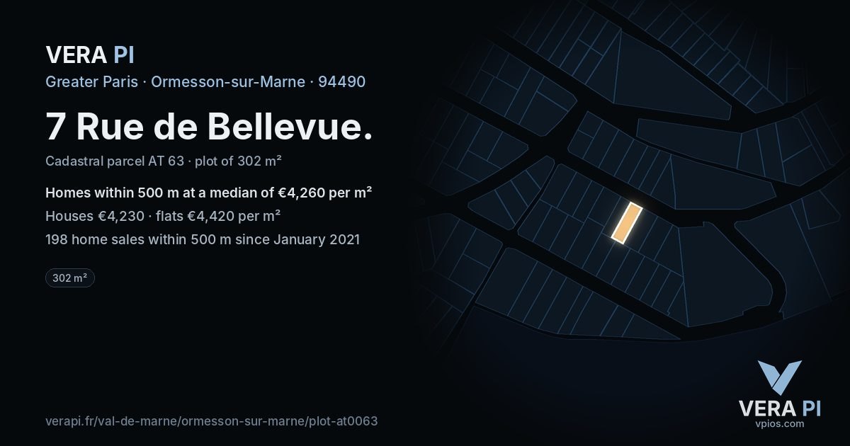 7 Rue de Bellevue, Ormesson-sur-Marne at night – the plot lit, the parcels around coloured by the prices near them