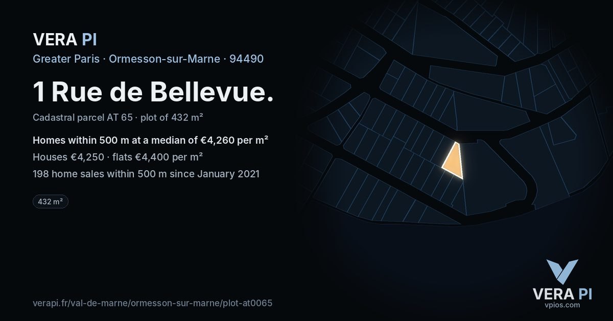 1 Rue de Bellevue, Ormesson-sur-Marne at night – the plot lit, the parcels around coloured by the prices near them