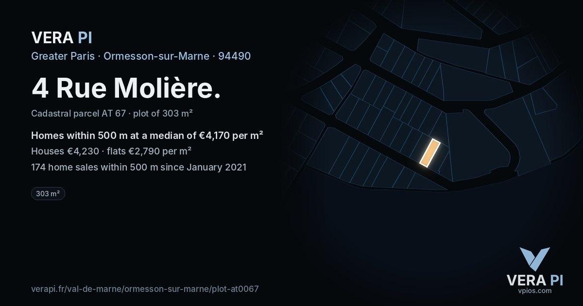 4 Rue Molière, Ormesson-sur-Marne at night – the plot lit, the parcels around coloured by the prices near them