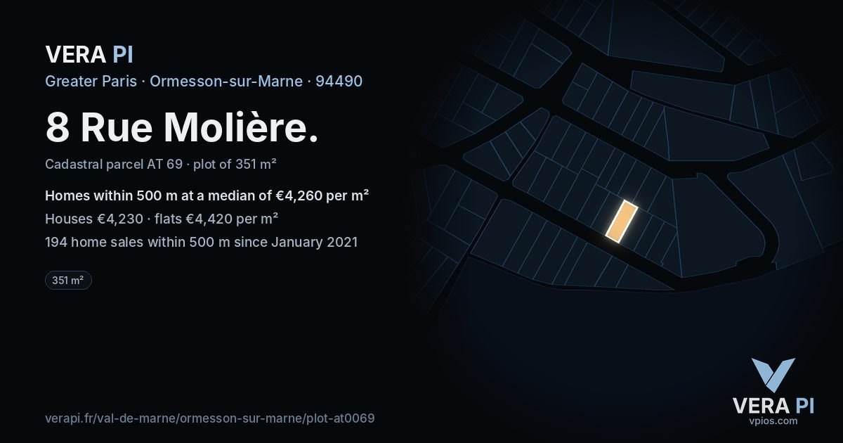 8 Rue Molière, Ormesson-sur-Marne at night – the plot lit, the parcels around coloured by the prices near them