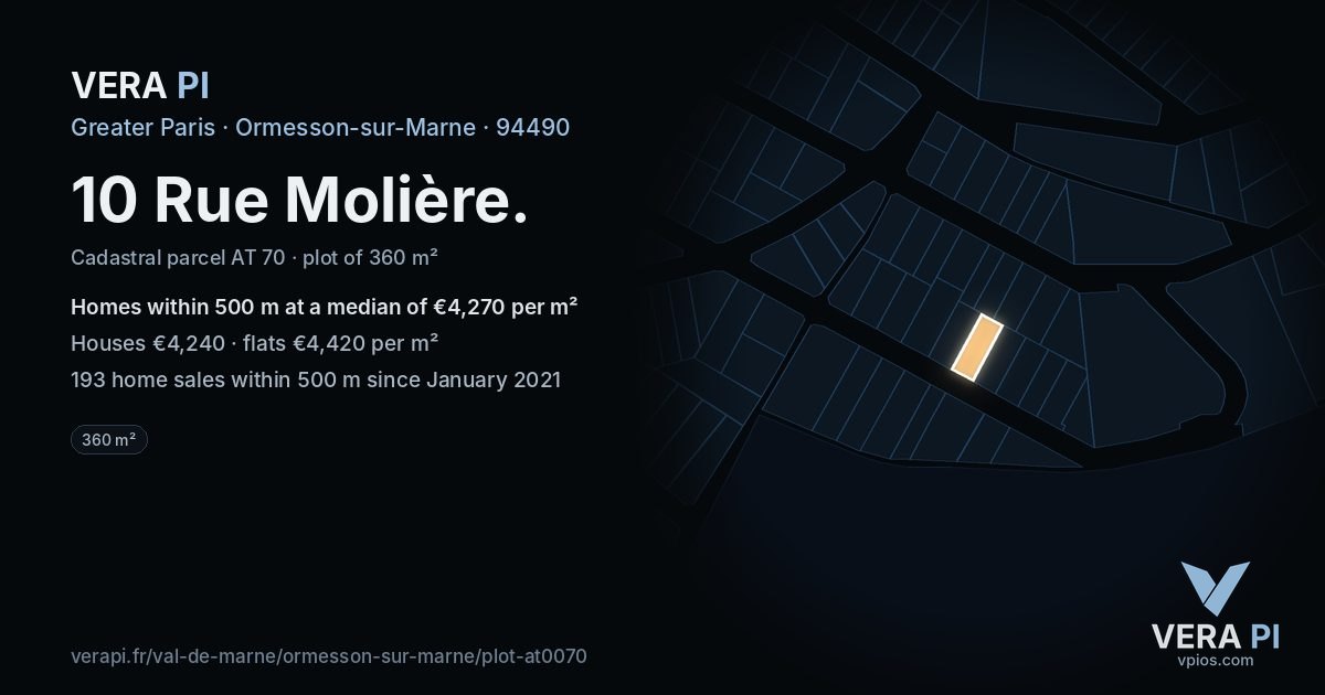 10 Rue Molière, Ormesson-sur-Marne at night – the plot lit, the parcels around coloured by the prices near them