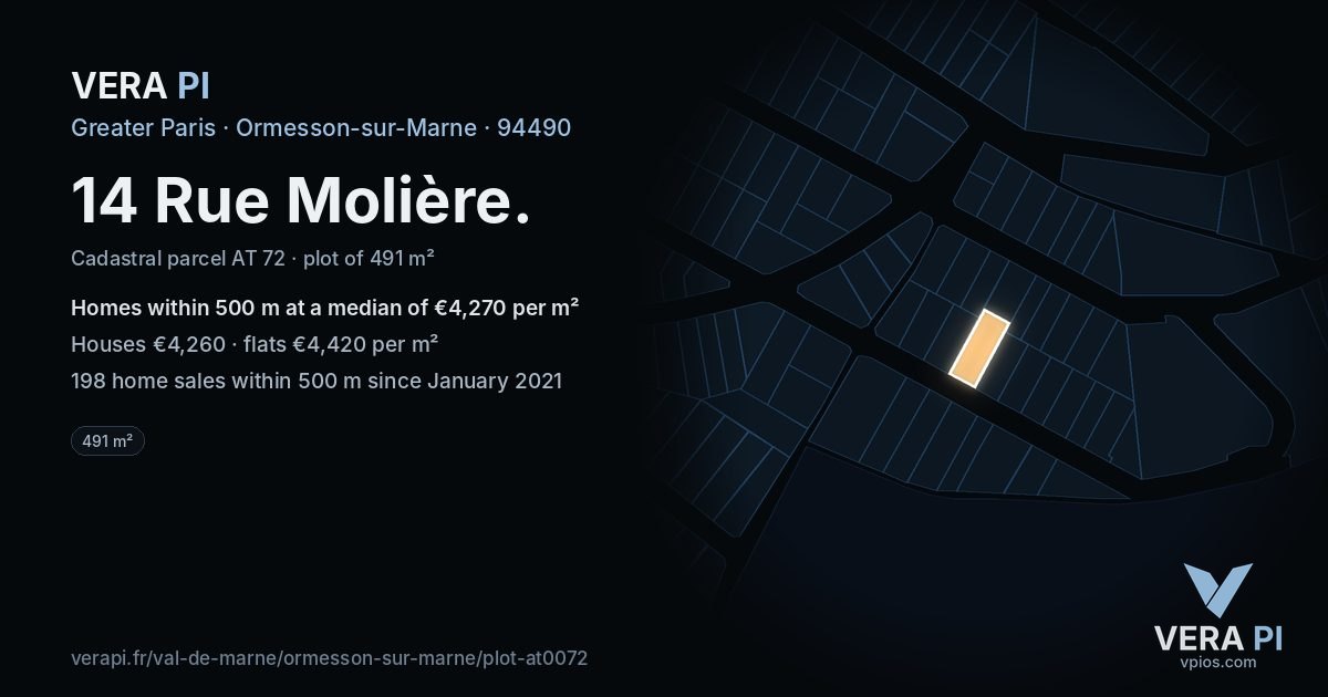 14 Rue Molière, Ormesson-sur-Marne at night – the plot lit, the parcels around coloured by the prices near them