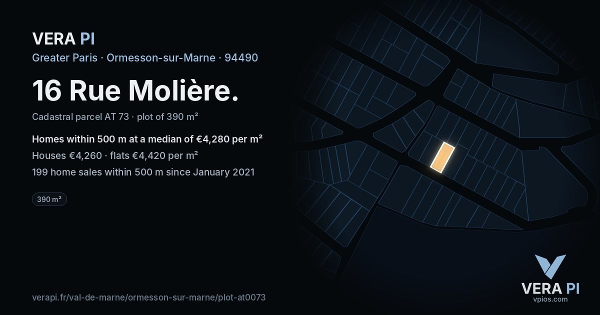 16 Rue Molière, Ormesson-sur-Marne at night – the plot lit, the parcels around coloured by the prices near them
