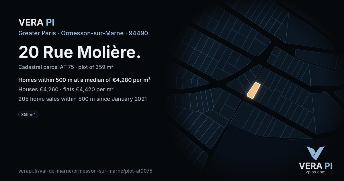 20 Rue Molière, Ormesson-sur-Marne at night – the plot lit, the parcels around coloured by the prices near them