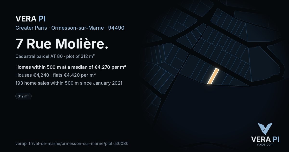 7 Rue Molière, Ormesson-sur-Marne at night – the plot lit, the parcels around coloured by the prices near them