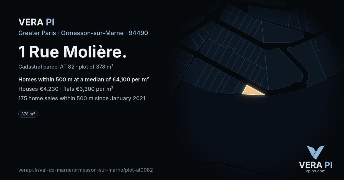 1 Rue Molière, Ormesson-sur-Marne at night – the plot lit, the parcels around coloured by the prices near them