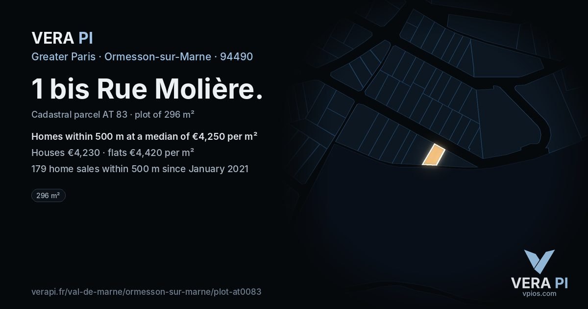 1 bis Rue Molière, Ormesson-sur-Marne at night – the plot lit, the parcels around coloured by the prices near them