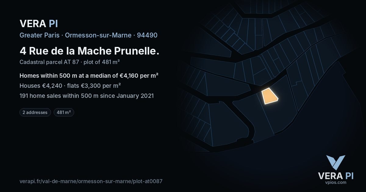 4 Rue de la Mache Prunelle, Ormesson-sur-Marne at night – the plot lit, the parcels around coloured by the prices near them