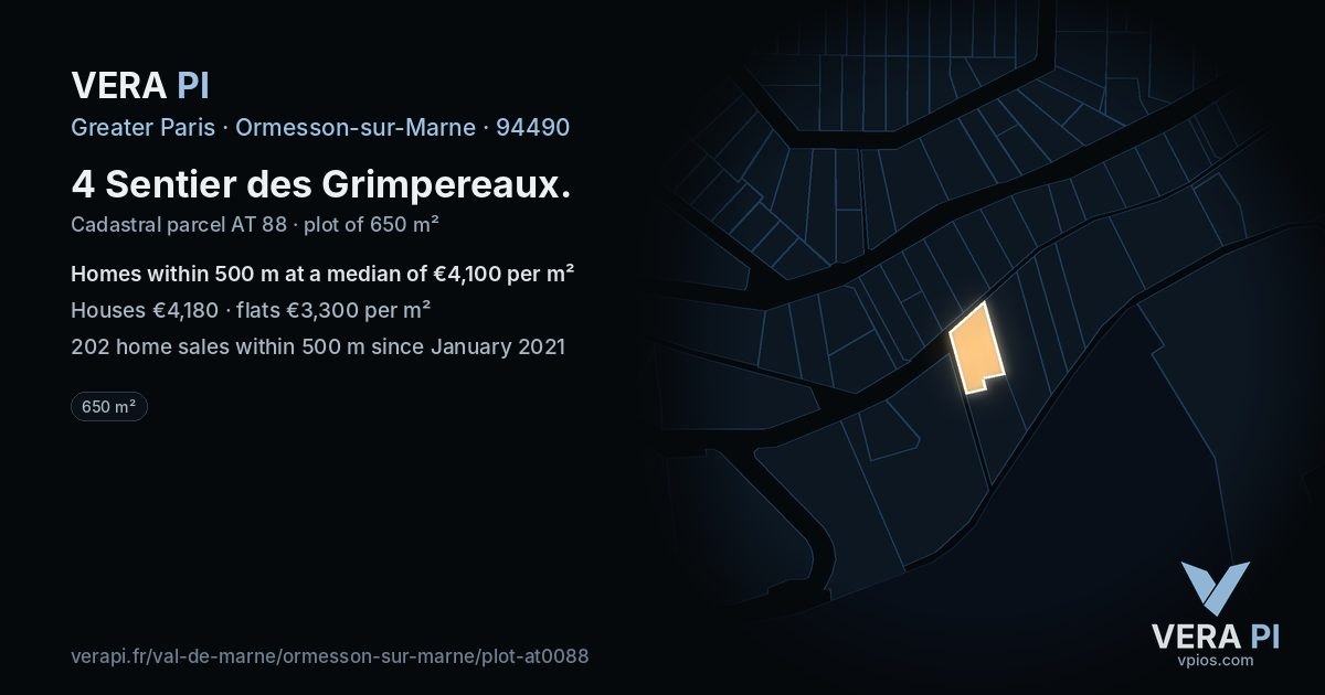 4 Sentier des Grimpereaux, Ormesson-sur-Marne at night – the plot lit, the parcels around coloured by the prices near them